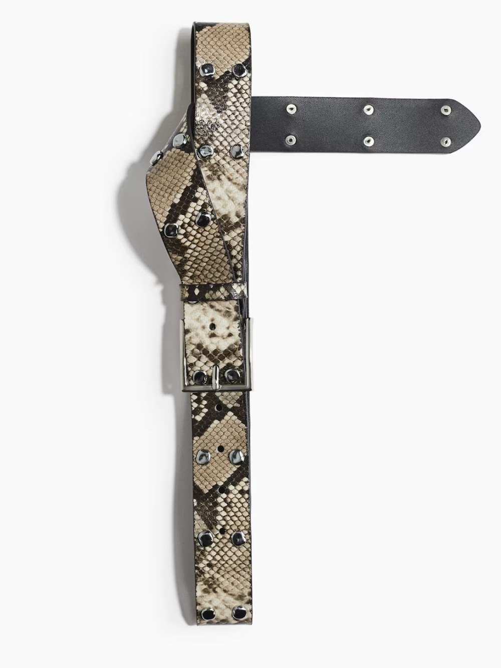 H&M Beige and Black Snake-Print Studded Belt